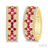 3/4 Ctw Floral Panel 1.80MM Round Cut Ruby and Round Cut Diamond Precious Hoop Earring in 14K Yellow Gold
