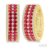3/4 Ctw 2.00MM Round Cut Ruby and Round Cut Diamond Precious Hoop Earrings in 14K Yellow Gold