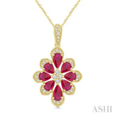 1/6 Ctw Floral Motif 5X3MM & 4X3MM Pear Cut Ruby and Round Cut Diamond Precious Pendant With Chain in 10K Yellow Gold