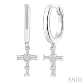 1/5 Ctw Princess and Baguette Cut Diamond Cross Petite Fashion Hoop Earrings in 10K White Gold