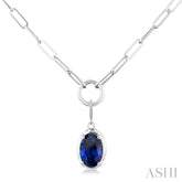 6x4 MM Oval Cut Sapphire Solitaire Precious Paperclip Pendant With Chain in 10K White Gold