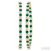 2.5 MM Round Cut Emerald and 2 1/2 Ctw Round Cut Diamond Precious Inside-Out Alternating Hoop Earrings in 14K Yellow Gold