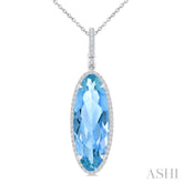 22X8 MM Evoque Gemstones Oval Shape Blue Topaz and 1/4 Ctw Round Cut Diamond Semi-Precious Pendant With Chain in 14K White Gold