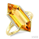 22X8 MM Evoque Gemstone Hexagon Shape Citrine and 1/10 Ctw Round Cut Diamond Semi-Precious Ring in 14K Yellow Gold