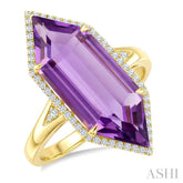 22X8 MM Evoque Gemstones Hexagon Shape Amethyst and 1/4 Ctw Round Cut Diamond Semi-Precious Ring in 14K Yellow Gold
