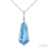 22X9 MM Evoque Gemstones Shield Shape Blue Topaz and 1/4 Ctw Round Cut Diamond Semi-Precious Pendant With Chain in 14K White Gold