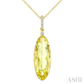 22X8 MM Evoque Gemstones Oval Shape Lemon Quartz and 1/20 Ctw Round Cut Diamond Semi-Precious Pendant With Chain in 14K Yellow Gold