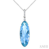 22X8 MM Evoque Gemstones Oval Shape Blue Topaz and 1/20 Ctw Round Cut Diamond Semi-Precious Pendant With Chain in 14K White Gold