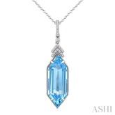 22X8 MM Evoque Gemstones Hexagon Shape Blue Topaz and 1/10 Ctw Round Cut Diamond Semi-Precious Pendant With Chain in 14K White Gold