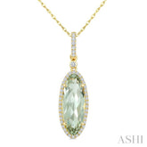 16X6 MM Oval Shape Green Amethyst and 1/5 Ctw Round Cut Diamond Semi-Precious Pendant With Chain in 10K Yellow Gold