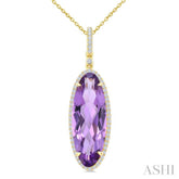 22X8 MM Evoque Gemstones Oval Shape Amethyst and 1/4 Ctw Round Cut Diamond Semi-Precious Pendant With Chain in 14K Yellow Gold