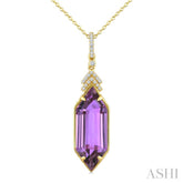 22X8 MM Evoque Gemstones Hexagon Shape Amethyst and 1/10 Ctw Round Cut Diamond Semi-Precious Pendant With Chain in 14K Yellow Gold