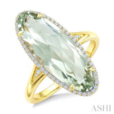 22X8 MM Evoque Gemstone Oval Shape Green Amethyst and 1/5 Ctw Round Cut Diamond Semi-Precious Ring in 14K Yellow Gold