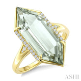 22X8 MM Evoque Gemstone Hexagon Shape Green Amethyst and 1/10 Ctw Round Cut Diamond Semi-Precious Ring in 14K Yellow Gold