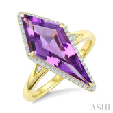 22X9 MM Evoque Gemstones Kite Shape Amethyst and 1/5 Ctw Round Cut Diamond Semi-Precious Ring in 14K Yellow Gold