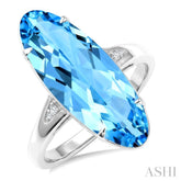 22X8 MM Evoque Gemstones Oval Shape Blue Topaz and 1/50 Ctw Round Cut Diamond Semi-Precious Ring in 14K White Gold