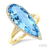 22X8 MM Evoque Gemstones Pear Shape Blue Topaz and 1/5 Ctw Round Cut Diamond Semi-Precious Ring in 14K Yellow Gold