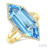 22X8 MM Evoque Gemstones Hexagon Shape Blue Topaz and 1/4 Ctw Round Cut Diamond Semi-Precious Ring in 14K Yellow Gold