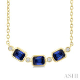 4X3MM Emerald Cut Sapphire and 1/50 Ctw Bezel Set Round Cut Diamond Precious Fashion Necklace in 10K Yellow Gold