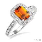 7X5 MM Octagon Shape Citrine and 1/50 Ctw Round Cut Diamond Semi-Precious Ring in Sterling Silver