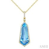22X9 MM Evoque Gemstones Shield Shape Blue Topaz and 1/4 Ctw Round Cut Diamond Semi-Precious Pendant With Chain in 14K Yellow Gold