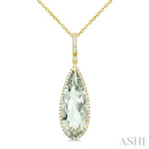 22X8 MM Evoque Gemstone Pear Shape Green Amethyst and 1/4 Ctw Round Cut Diamond Semi-Precious Pendant With Chain in 14K Yellow Gold
