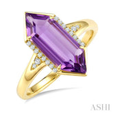 16X6 MM Hexagon Shape Amethyst and 1/10 Ctw Round Cut Diamond Semi-Precious Ring in 10K Yellow Gold