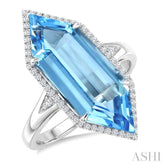 22X8 MM Evoque Gemstones Hexagon Shape Blue Topaz and 1/4 Ctw Round Cut Diamond Semi-Precious Ring in 14K White Gold
