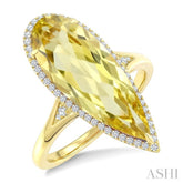 22X8 MM Evoque Gemstones Pear Shape Lemon Quartz and 1/5 Ctw Round Cut Diamond Semi-Precious Ring in 14K Yellow Gold