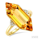 22X8 MM Evoque Gemstone Hexagon Shape Citrine and 1/20 Ctw Round Cut Diamond Semi-Precious Ring in 14K Yellow Gold