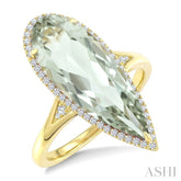 22X8 MM Evoque Gemstone Pear Shape Green Amethyst and 1/5 Ctw Round Cut Diamond Semi-Precious Ring in 14K Yellow Gold
