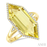 22X8 MM Evoque Gemstones Hexagon Shape Lemon Quartz and 1/4 Ctw Round Cut Diamond Semi-Precious Ring in 14K Yellow Gold