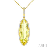 22X8 MM Evoque Gemstones Oval Shape Lemon Quartz and 1/4 Ctw Round Cut Diamond Semi-Precious Pendant With Chain in 14K Yellow Gold