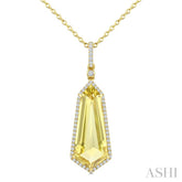 22X9 MM Evoque Gemstones Shield Shape Lemon Quartz and 1/4 Ctw Round Cut Diamond Semi-Precious Pendant With Chain in 14K Yellow Gold