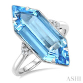 22X8 MM Evoque Gemstones Hexagon Shape Blue Topaz and 1/20 Ctw Round Cut Diamond Semi-Precious Ring in 14K White Gold