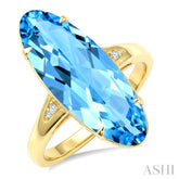 22X8 MM Evoque Gemstones Oval Shape Blue Topaz and 1/50 Ctw Round Cut Diamond Semi-Precious Ring in 14K Yellow Gold