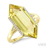22X8 MM Evoque Gemstones Hexagon Shape Lemon Quartz and 1/10 Ctw Round Cut Diamond Semi-Precious Ring in 14K Yellow Gold