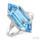 22X8 MM Evoque Gemstones Hexagon Shape Blue Topaz and 1/10 Ctw Round Cut Diamond Semi-Precious Ring in 14K White Gold