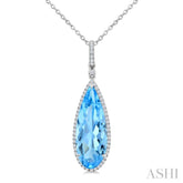 22X8 MM Evoque Gemstones Pear Shape Blue Topaz and 1/4 Ctw Round Cut Diamond Semi-Precious Pendant With Chain in 14K White Gold