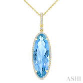22X8 MM Evoque Gemstones Oval Shape Blue Topaz and 1/4 Ctw Round Cut Diamond Semi-Precious Pendant With Chain in 14K Yellow Gold