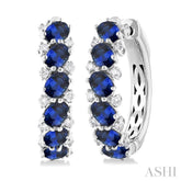 4X3 MM Oval Cut Sapphire and 1/4 Ctw Round Cut Diamond Precious Hoop Earrings in 14K White Gold