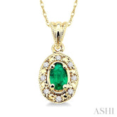 5x3 MM Oval Shape Emerald and 1/20 Ctw Single Cut Diamond Pendant in 14K Yellow Gold with Chain