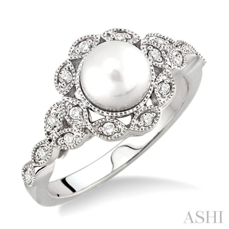 6.5 MM Cultured Pearl and 1/8 Ctw Single Cut Diamond Ring in 10K White Gold 6.5 MM Cultured Pearl and 1/8 Ctw Single Cut Diamond Ring in 10K White Gold