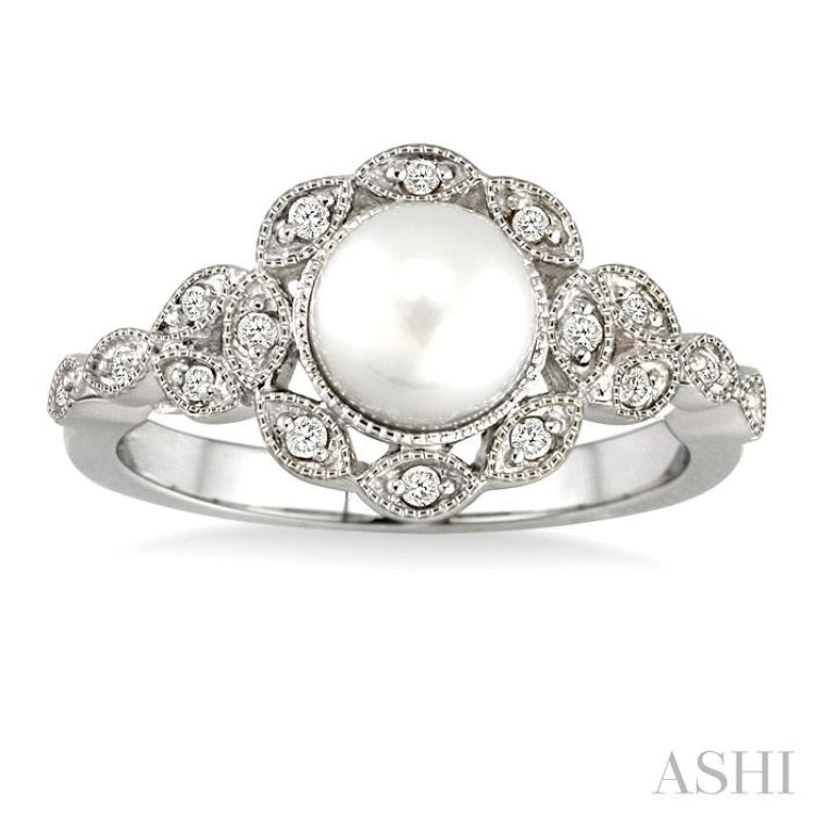 6.5 MM Cultured Pearl and 1/8 Ctw Single Cut Diamond Ring in 10K White Gold 6.5 MM Cultured Pearl and 1/8 Ctw Single Cut Diamond Ring in 10K White Gold