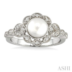 6.5 MM Cultured Pearl and 1/8 Ctw Single Cut Diamond Ring in 10K White Gold 6.5 MM Cultured Pearl and 1/8 Ctw Single Cut Diamond Ring in 10K White Gold