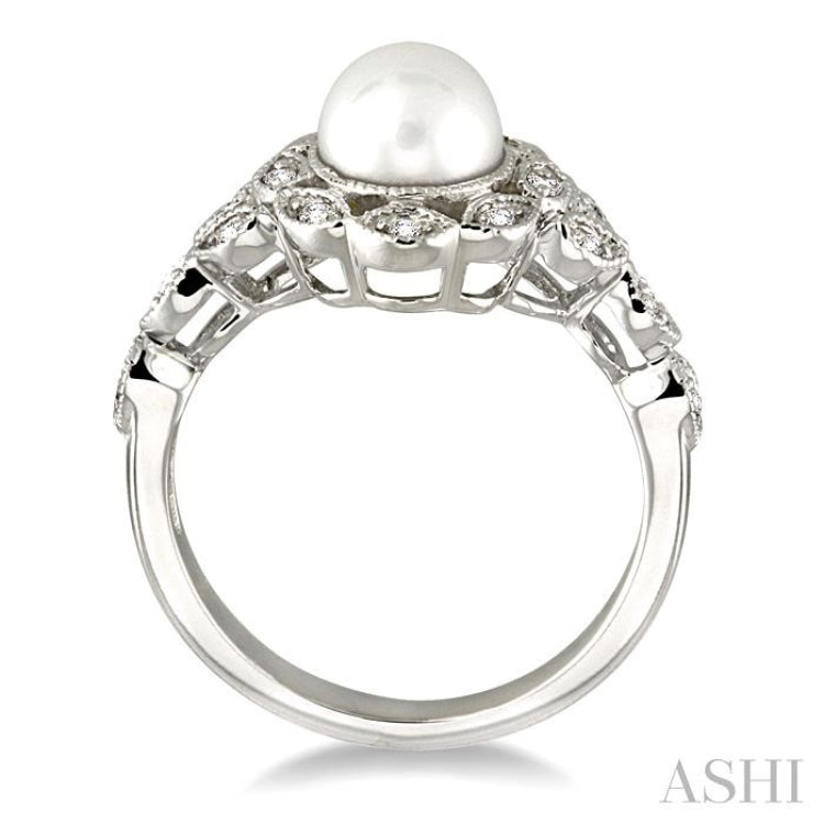 6.5 MM Cultured Pearl and 1/8 Ctw Single Cut Diamond Ring in 10K White Gold 6.5 MM Cultured Pearl and 1/8 Ctw Single Cut Diamond Ring in 10K White Gold