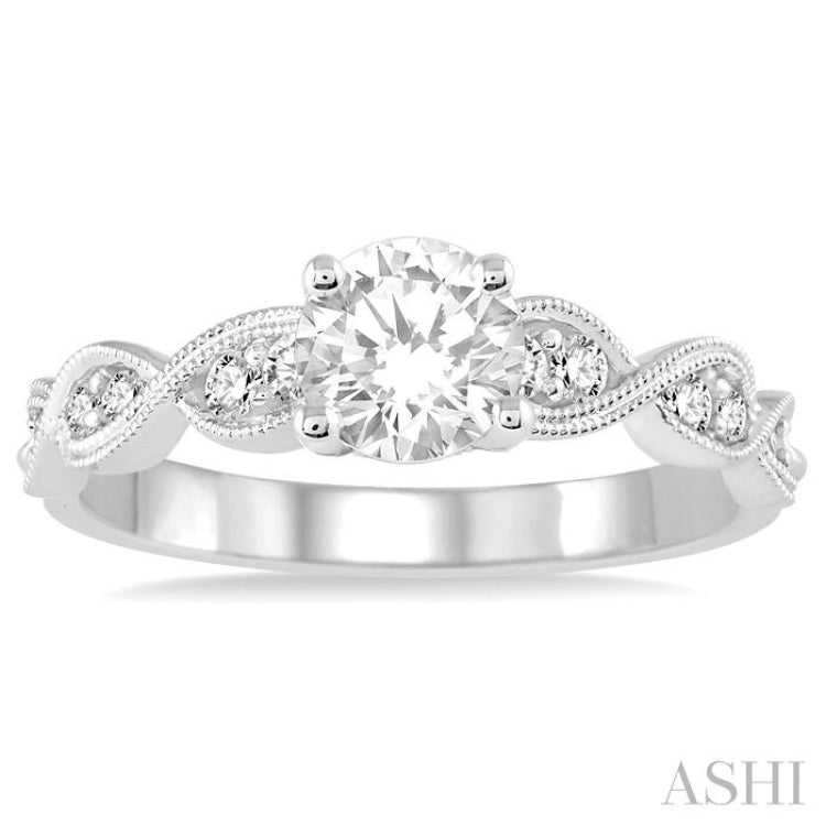 3/4 Ctw Diamond Engagement Ring with 1/2 Ct Round Cut Center Stone in 14K White Gold 3/4 Ctw Diamond Engagement Ring with 1/2 Ct Round Cut Center Stone in 14K White Gold