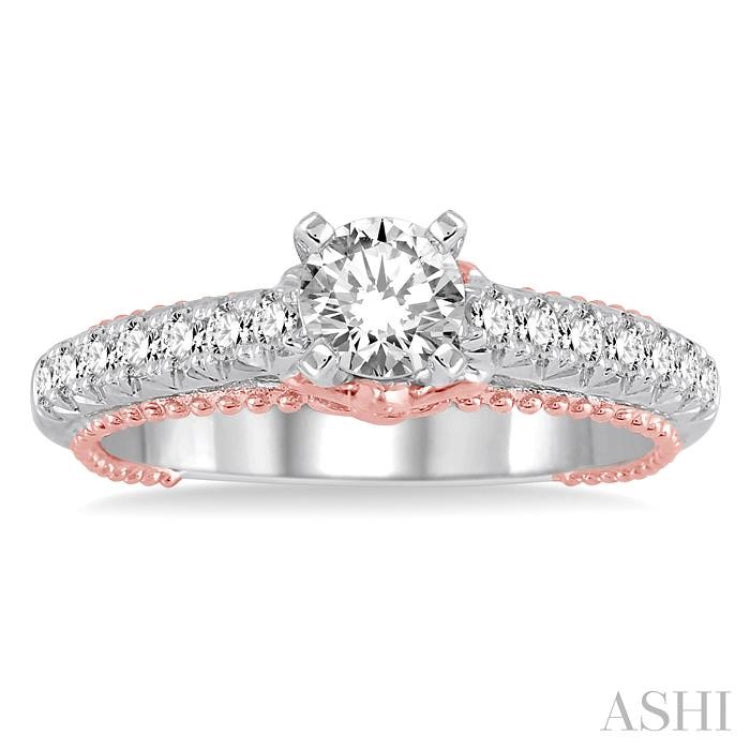 7/8 Ctw Diamond Engagement Ring with 1/2 Ct Round Cut Center Stone in 14K White and Rose Gold 7/8 Ctw Diamond Engagement Ring with 1/2 Ct Round Cut Center Stone in 14K White and Rose Gold