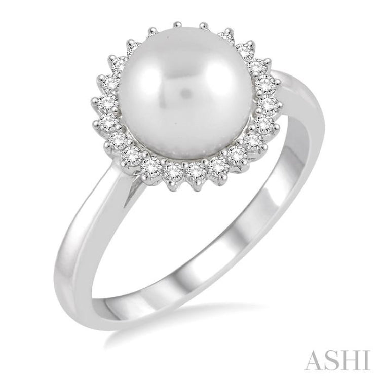 8x8 MM Round Shape Cultured Pearl and 1/5 Ctw Round Cut Diamond Ring in 14K White Gold 8x8 MM Round Shape Cultured Pearl and 1/5 Ctw Round Cut Diamond Ring in 14K White Gold