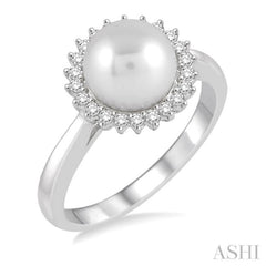 8x8 MM Round Shape Cultured Pearl and 1/5 Ctw Round Cut Diamond Ring in 14K White Gold 8x8 MM Round Shape Cultured Pearl and 1/5 Ctw Round Cut Diamond Ring in 14K White Gold